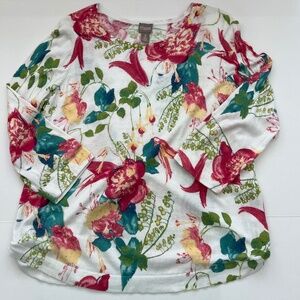 Chicos Size 3 or X Large  Floral Watercolor Ruched Sides Top Lightweight